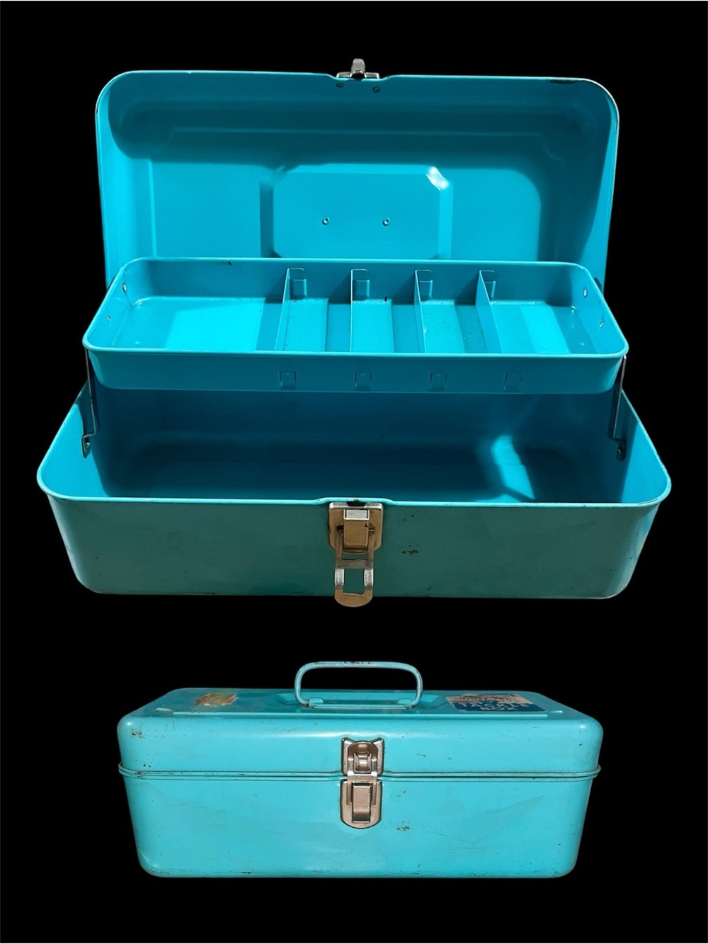 Vintage Teal Blue Metal Storage tackle box with divider Tray